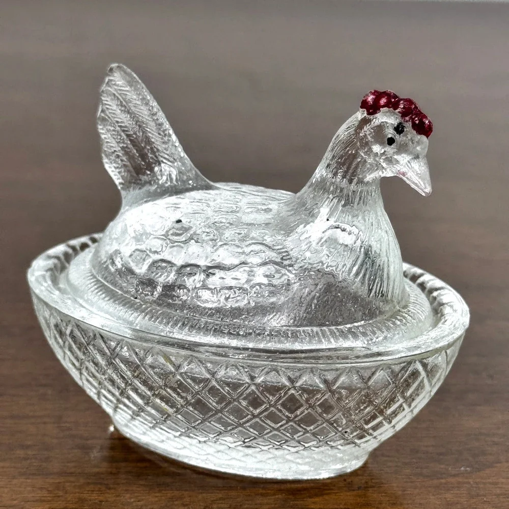 Vintage Clear Glass Mini Hen On A Nest Salt Cellar Chicken Farmhouse Decor 2.25